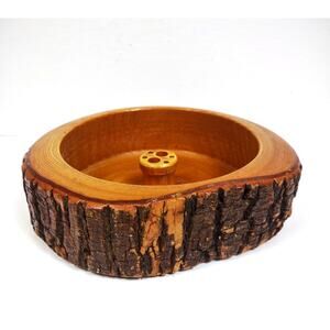 VTG Handcrafted Ellwood Live Bark Souvenir Wood Nut Bowl 8x7" Rusticware Cabin